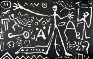 A.R. Penck, "Osten/Est", 1980, acrylic on canvas, 98 x 158 inches. Via MAM.