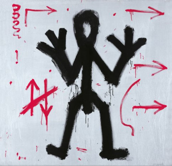 A.R. Penck, "Standart", 1970-72, synthetic resin on canvas, detail of installation of 31 elements. 