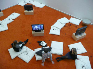 Rirkrit Tiravanija’s Chew the Fat lounge at the Guggenheim. Via ArtNet. 